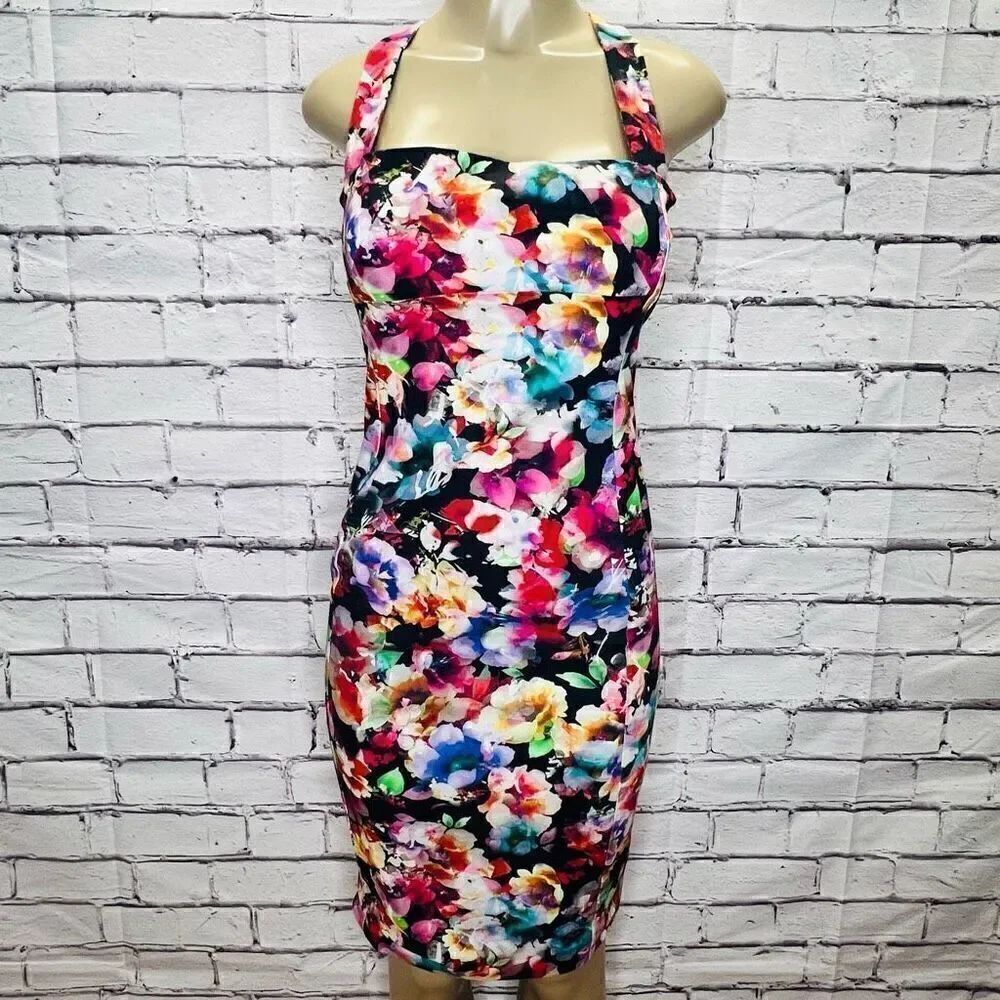 Black Halo Bryson Womens Multicolor Floral Printed Cross-Back Sheath Dress Size